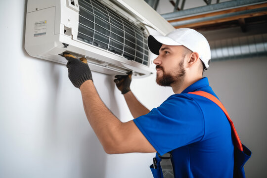 HVAC technician installing a mini split air conditioner in Lawndale