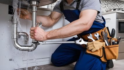 Plumber repairing pipes beneath a sink in Lawndale
